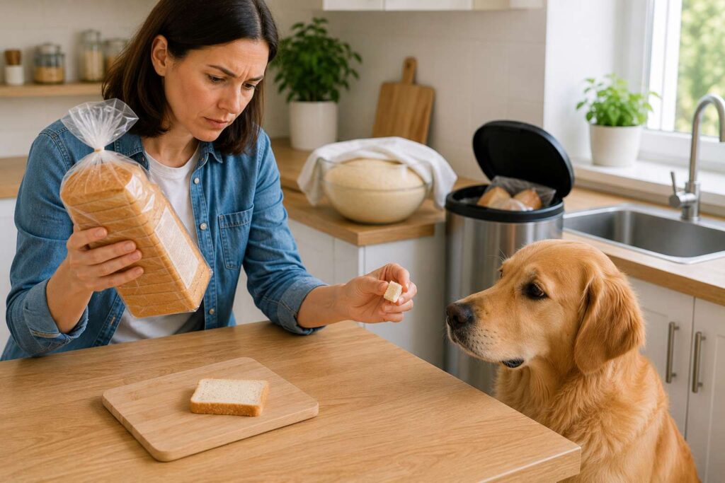 Dog owner checking bread ingredients before offering a small piece of plain baked bread