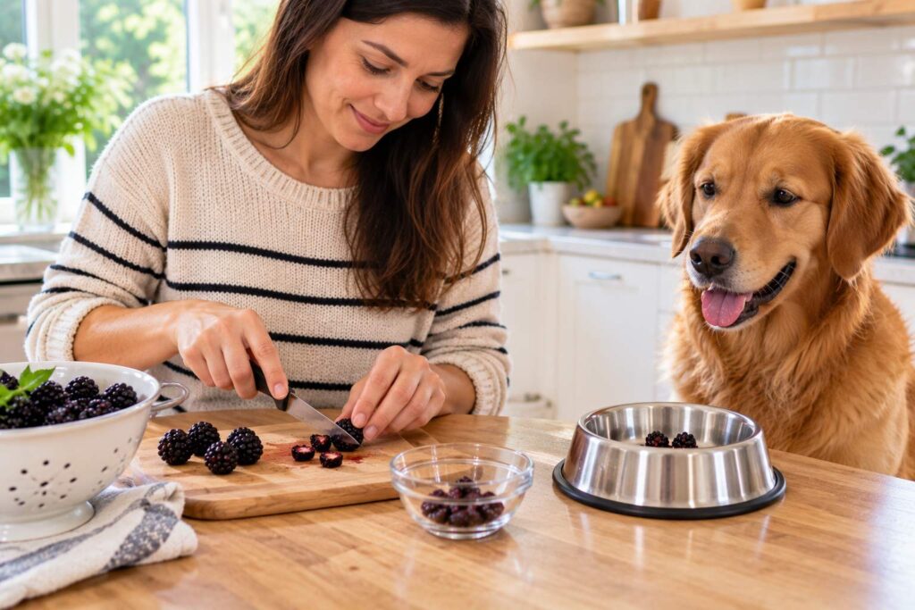 Healthy dog waiting patiently while owner serves a small portion of fresh prepared blackberries