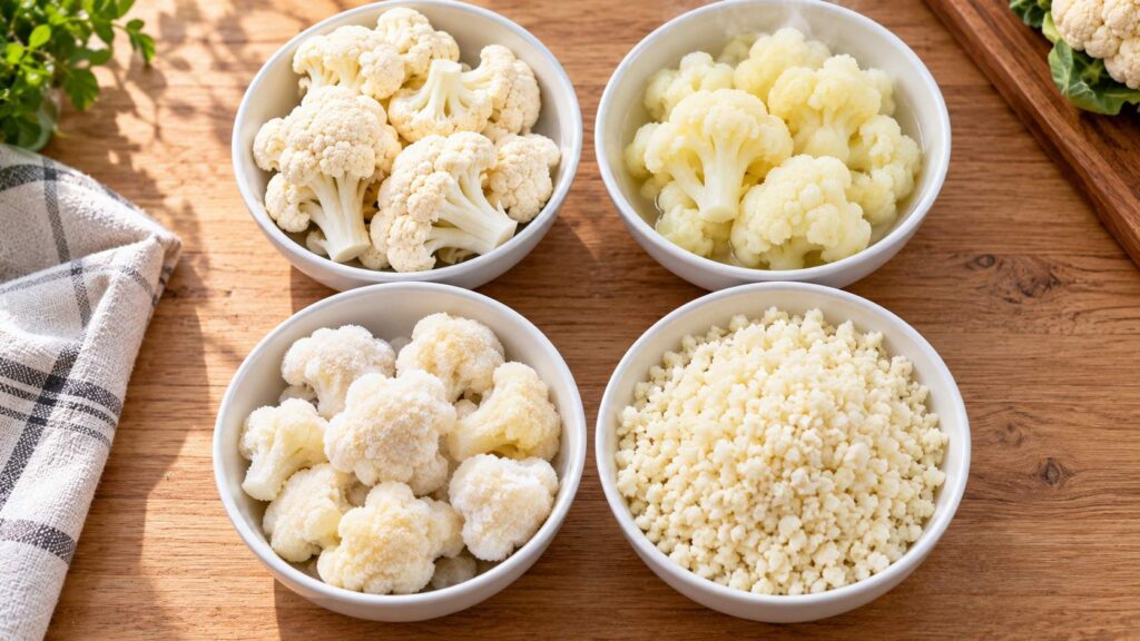 Can dogs eat cauliflower raw, cooked, frozen or riced? Four bowls showing different cauliflower preparations.