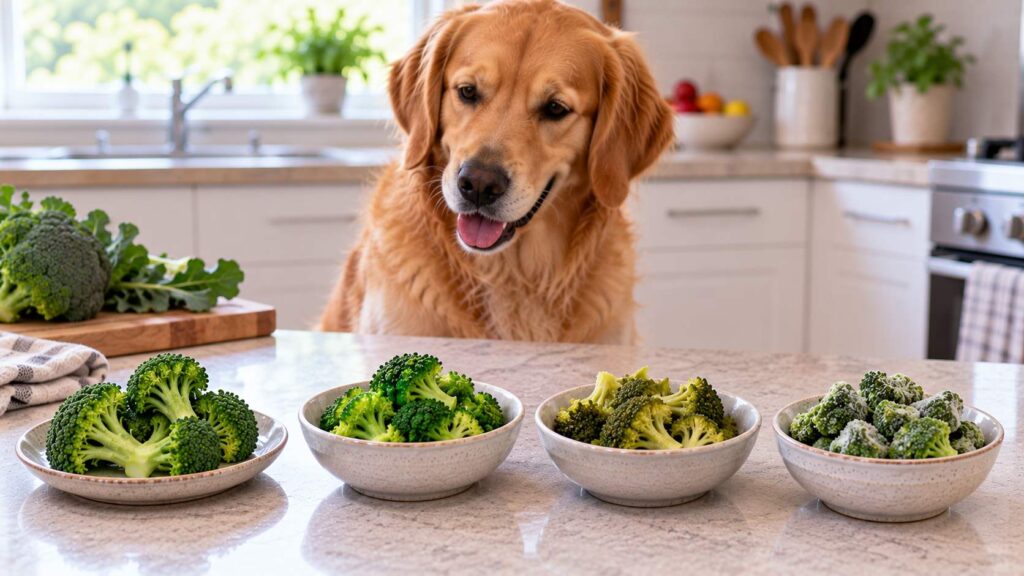 Can dogs eat broccoli raw, steamed, boiled, or frozen? Different broccoli preparations shown beside a dog