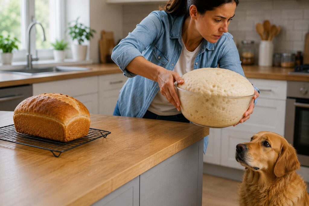 Dog owner keeping expanding raw yeast dough away from a dog beside fully baked bread