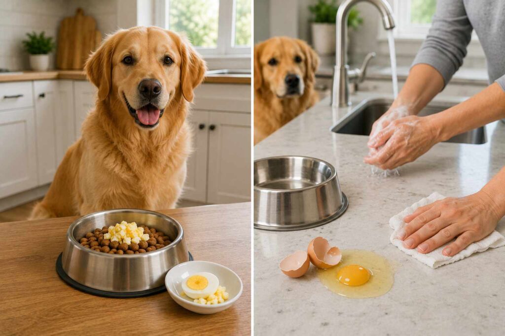 Raw egg on a kitchen counter beside a dog bowl while an owner practices safe food handling