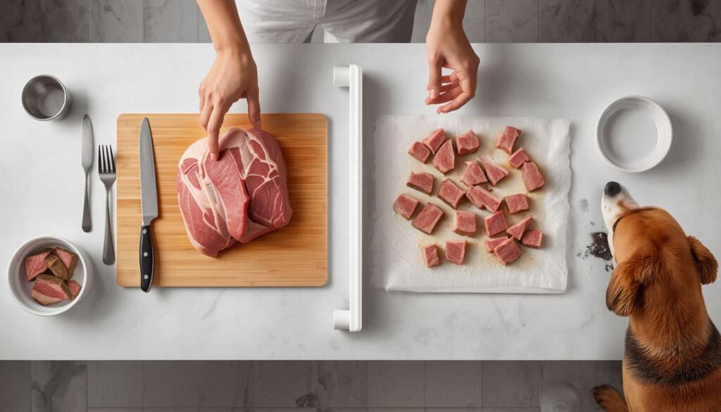 Raw lamb compared with plain cooked lamb to show food safety differences for dogs