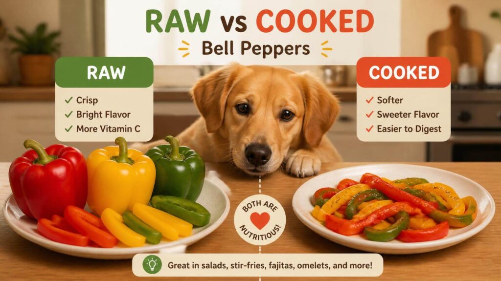 Comparison of raw and cooked bell peppers beside a curious dog in a kitchen