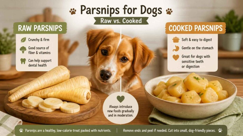 Comparison of raw and cooked parsnips beside a curious dog in a kitchen setting