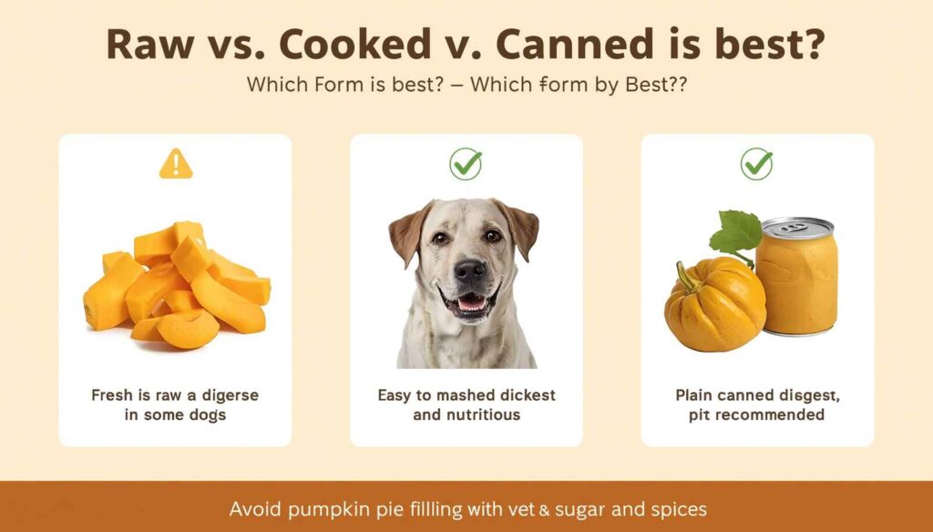 Comparison infographic showing raw pumpkin, cooked pumpkin, and canned pumpkin options for dogs with safety and nutrition information.