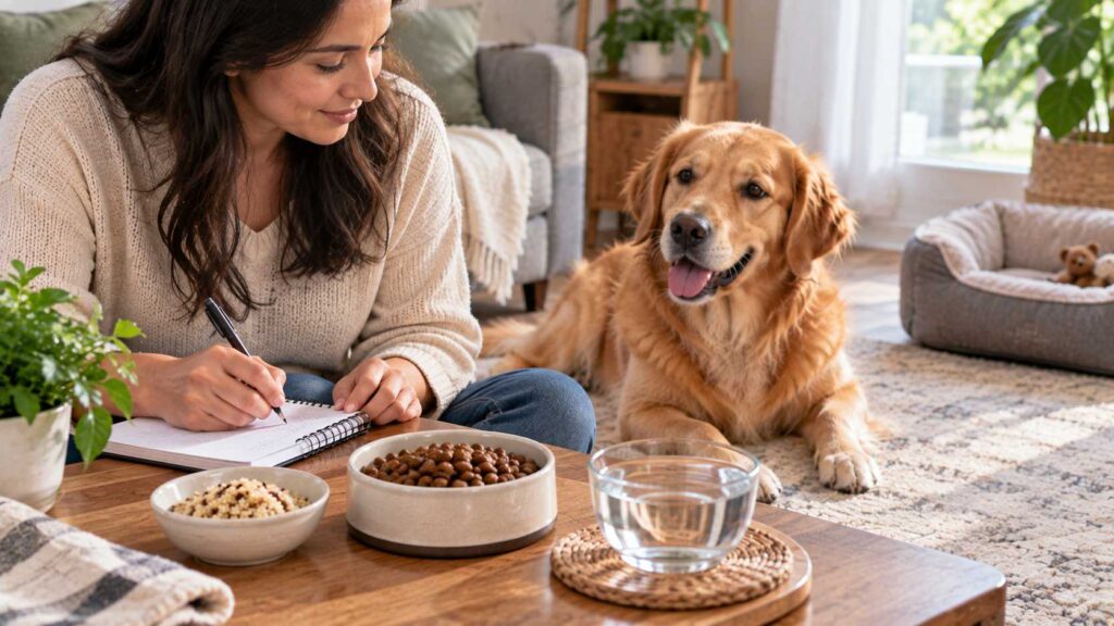 Owner monitoring a dog after introducing a small amount of cooked quinoa
