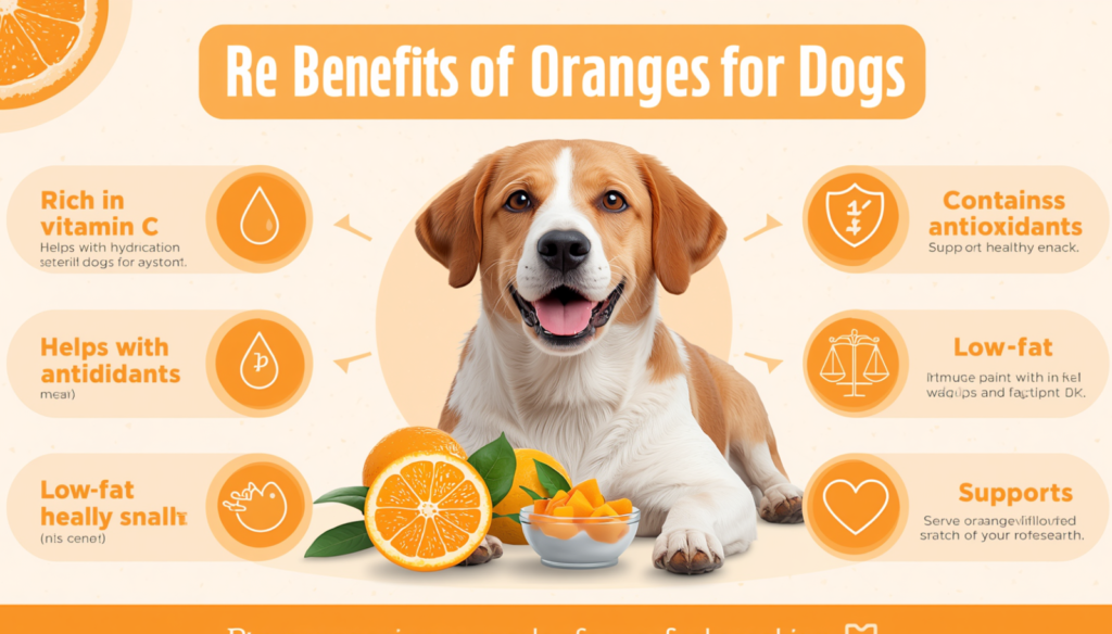 Dog beside fresh orange slices with health icons showing vitamin C, hydration, antioxidants, and immune support benefits for dogs.