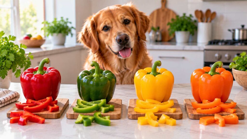 Dog sitting behind red, green, yellow and orange bell peppers on a kitchen counter