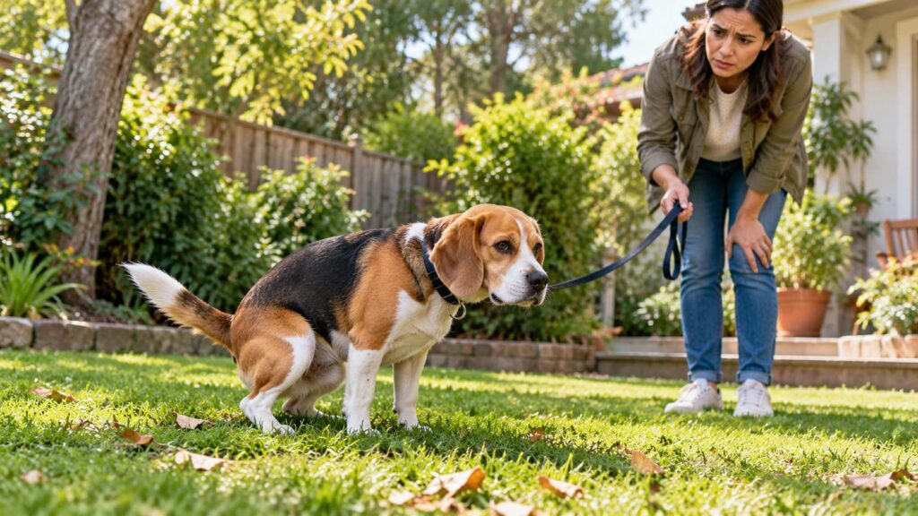 Beagle squatting on grass while its concerned owner watches for signs of difficulty passing stool.