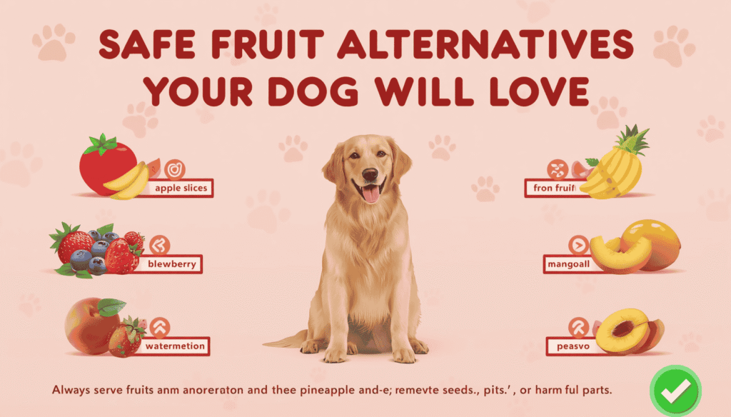 Happy golden retriever surrounded by safe fruits for dogs including apple slices, blueberries, strawberries, watermelon, banana, pineapple, mango, and peach.