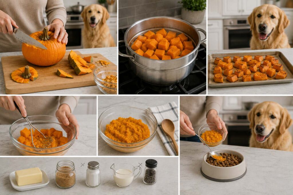 Plain pumpkin being cooked, cooled and mashed safely for a dog without seasoning