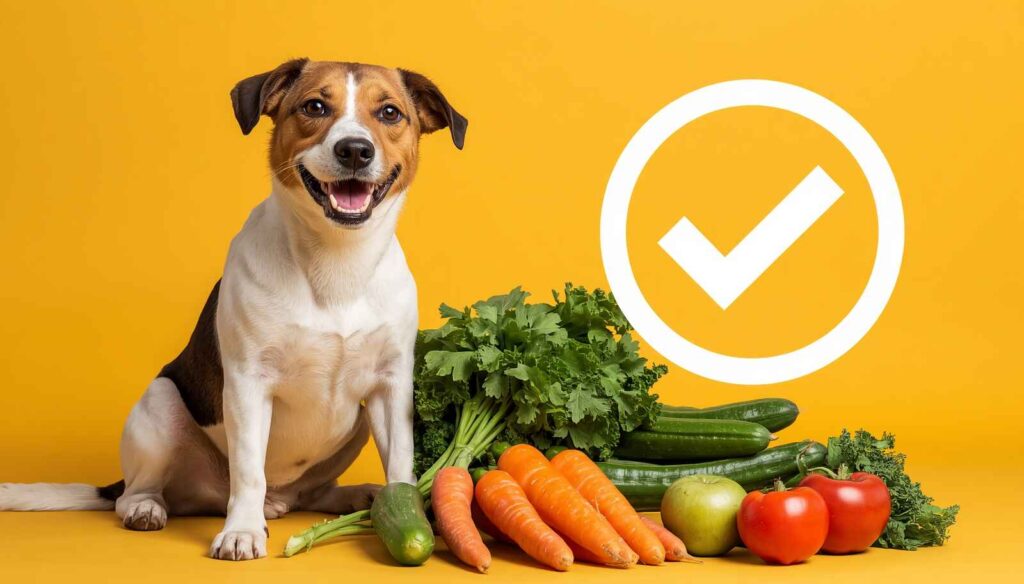Happy dog sitting next to safe vegetables like carrots cucumbers and green beans