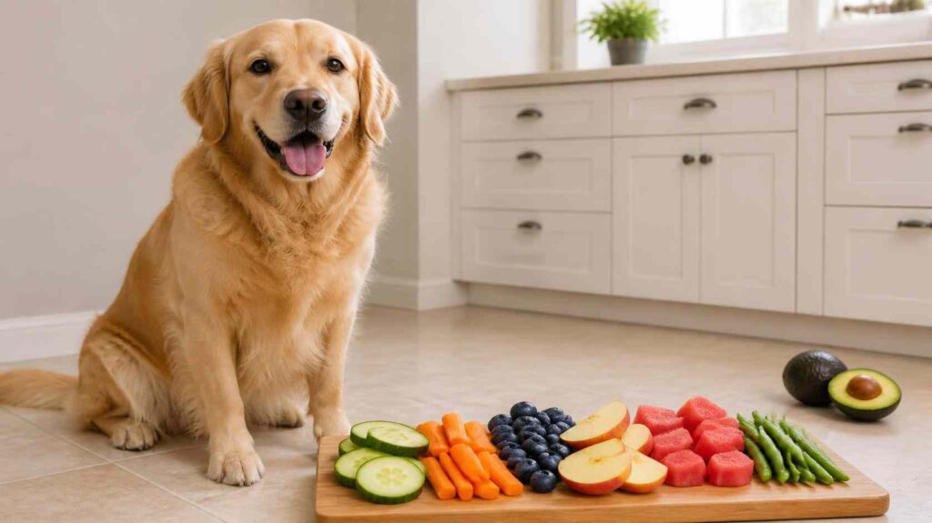 Healthy dog sitting beside cucumber, carrots, blueberries, apple slices, watermelon, and green beans instead of avocado.