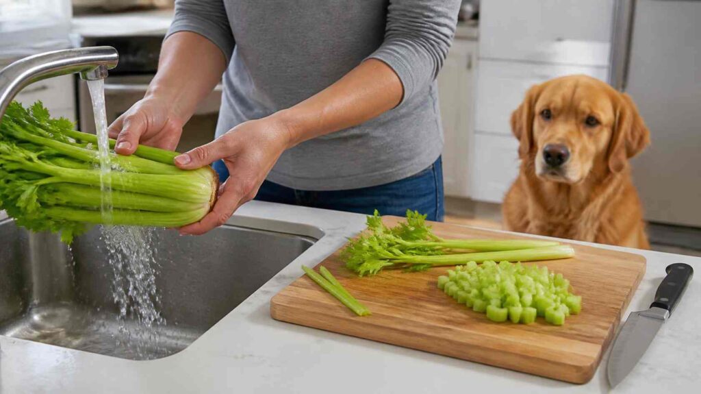 Owner safely washing, de-stringing, and cutting fresh celery into small bite-sized pieces for a Golden Retriever in a clean kitchen.