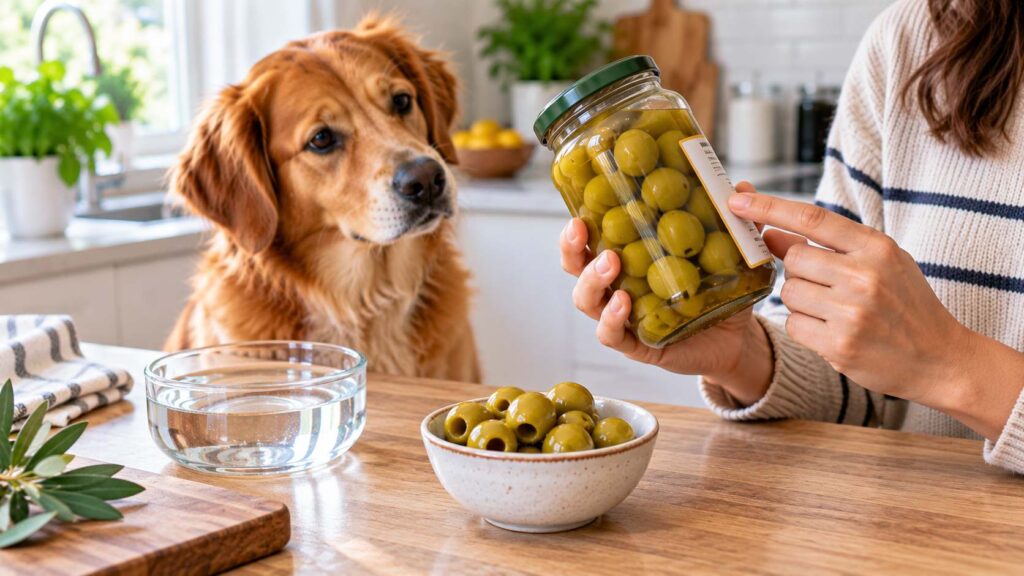Dog beside jarred olives in salty brine while owner checks the food label