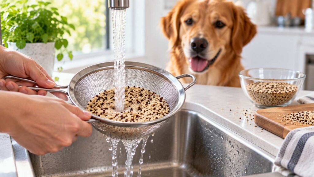 Quinoa being rinsed under running water in a fine-mesh kitchen strainer