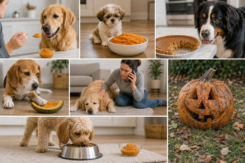 Different pumpkin feeding and accidental ingestion situations involving dogs and puppies