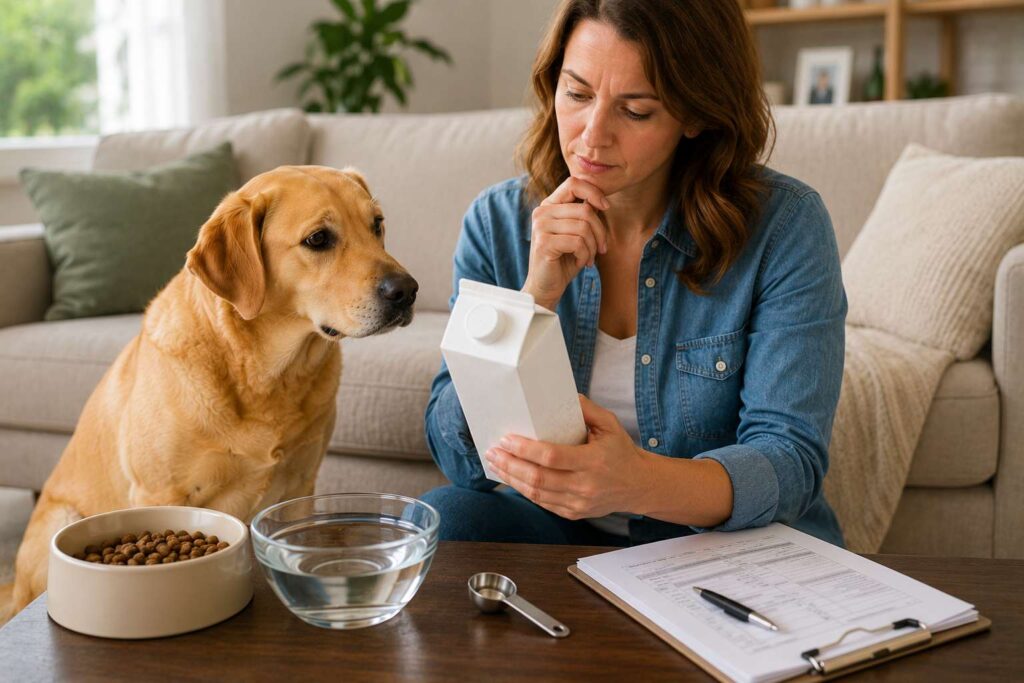 Dog owner checking a plain milk carton while considering their dog’s diet and health history.