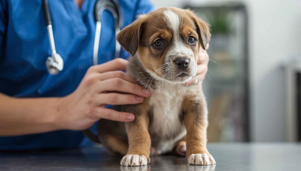 Veterinarian examining a puppy with possible growth or development problems