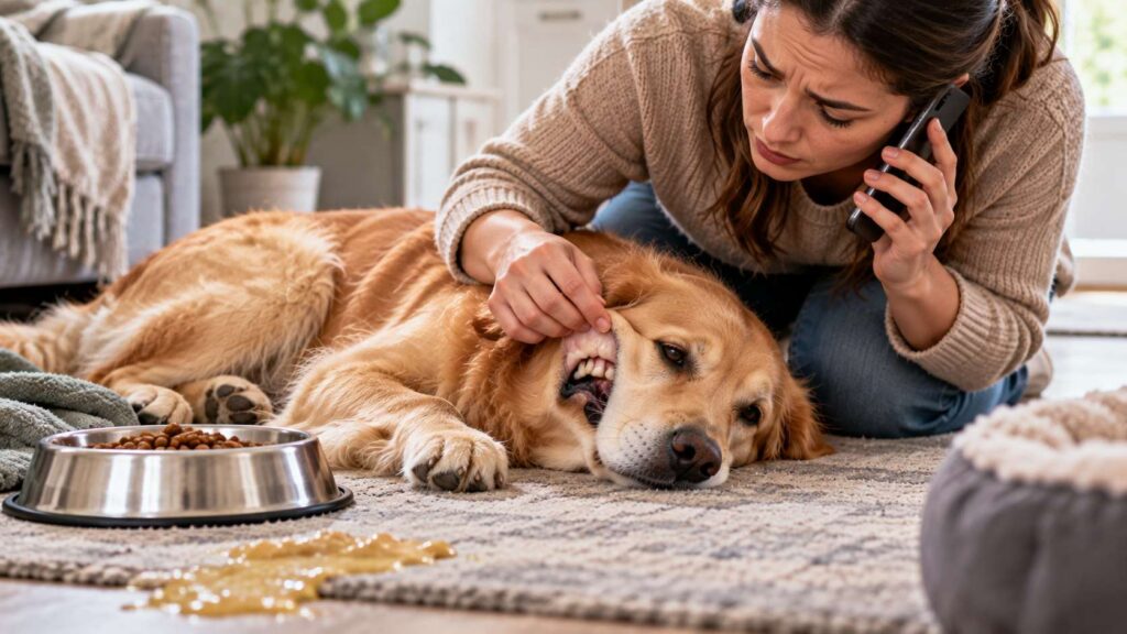 Unwell dog showing weakness and abdominal discomfort while an owner checks its gums and contacts a veterinarian.