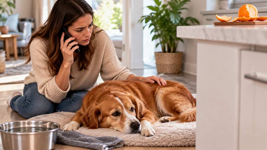 Unwell dog resting at home while its concerned owner contacts a veterinary clinic after possible orange ingestion.