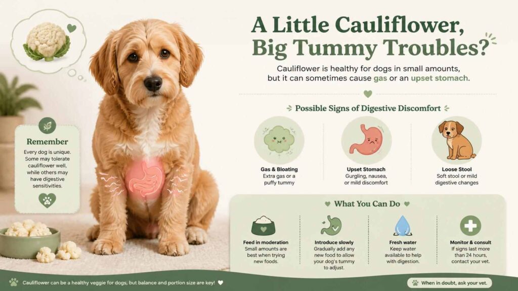 Can dogs eat cauliflower without digestive problems showing a dog with mild stomach discomfort