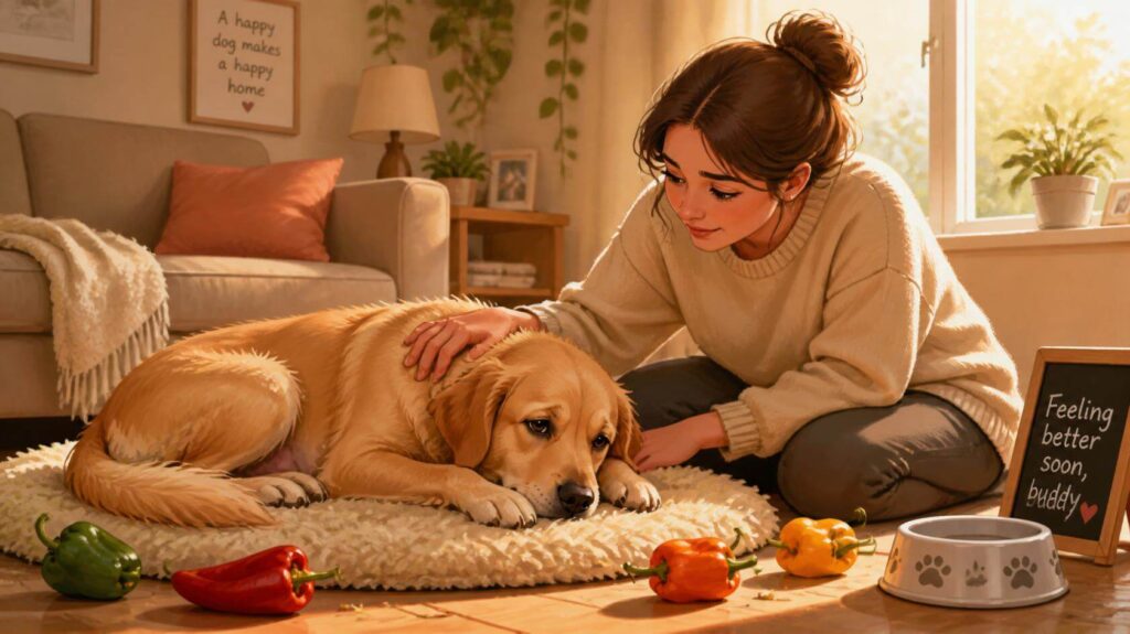 Dog showing mild stomach discomfort after eating peppers in a calm indoor setting