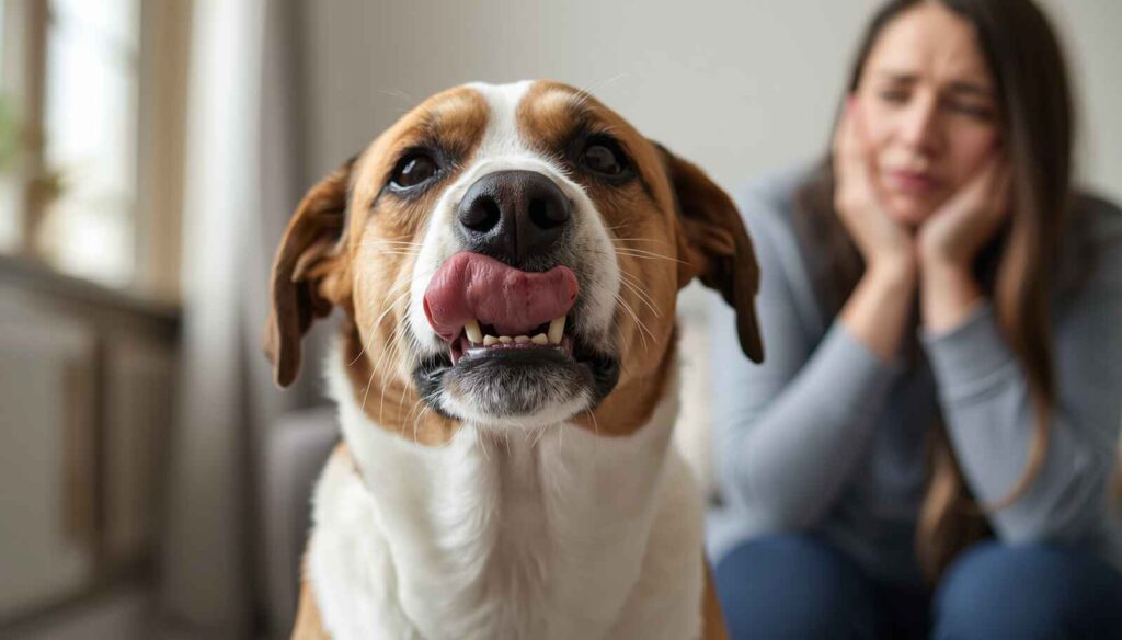 Dog showing signs of acid reflux such as lip licking and discomfort indoors
