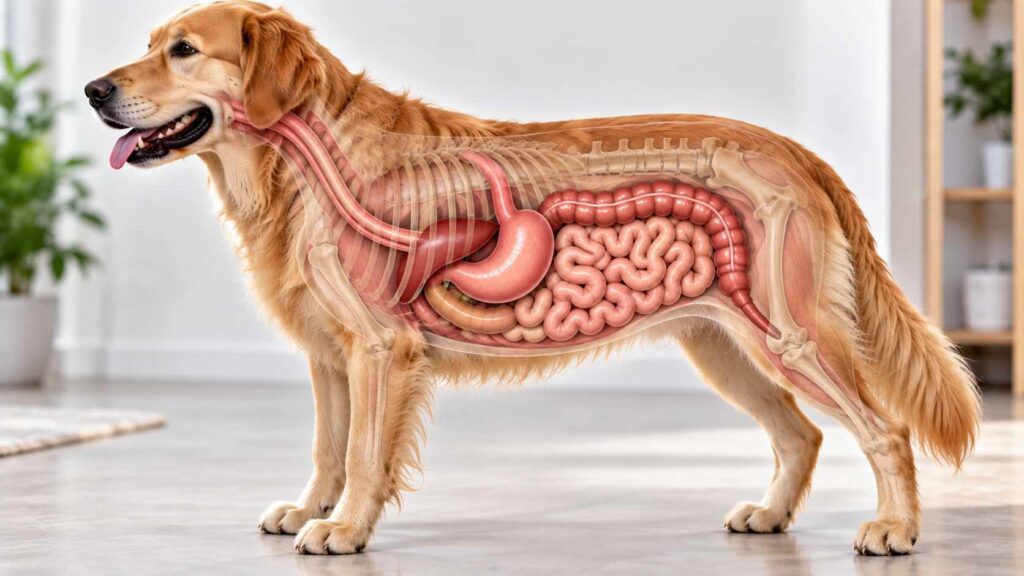 Veterinary illustration showing the small intestine and large intestine in a dog's digestive system