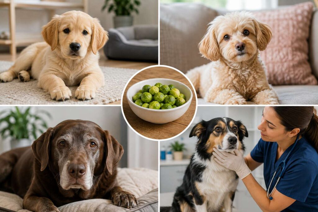 Puppy, small dog and senior dog representing dogs that may need extra care with unfamiliar foods