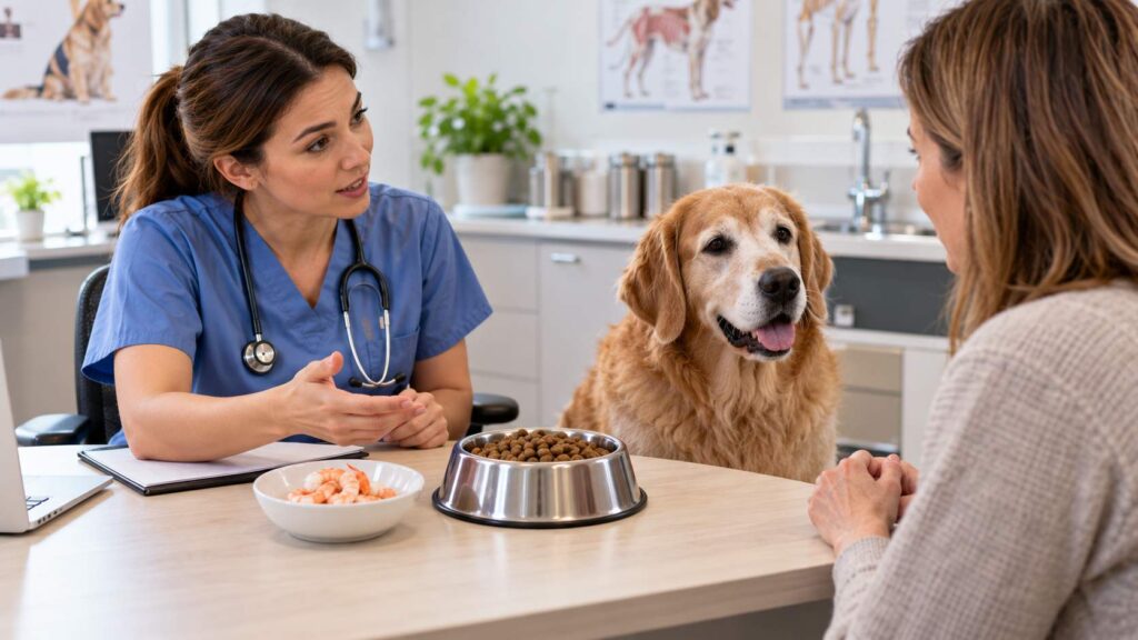Veterinarian discussing dietary choices with a dog owner and senior Golden Retriever during a clinic consultation.