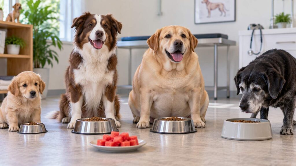 Puppy, healthy adult, overweight dog and older dog beside a small serving of watermelon