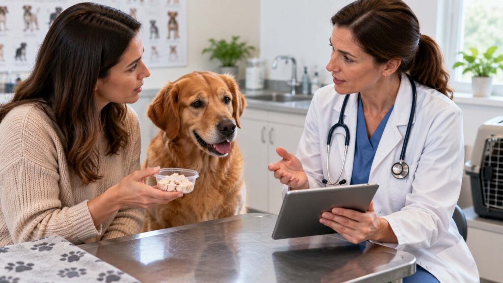 Veterinarian discussing plain turkey with a dog owner during a dietary consultation