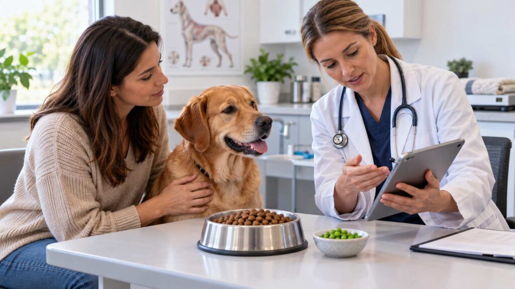 Veterinarian discussing plain peas and diet choices with the owner of a dog with special dietary needs