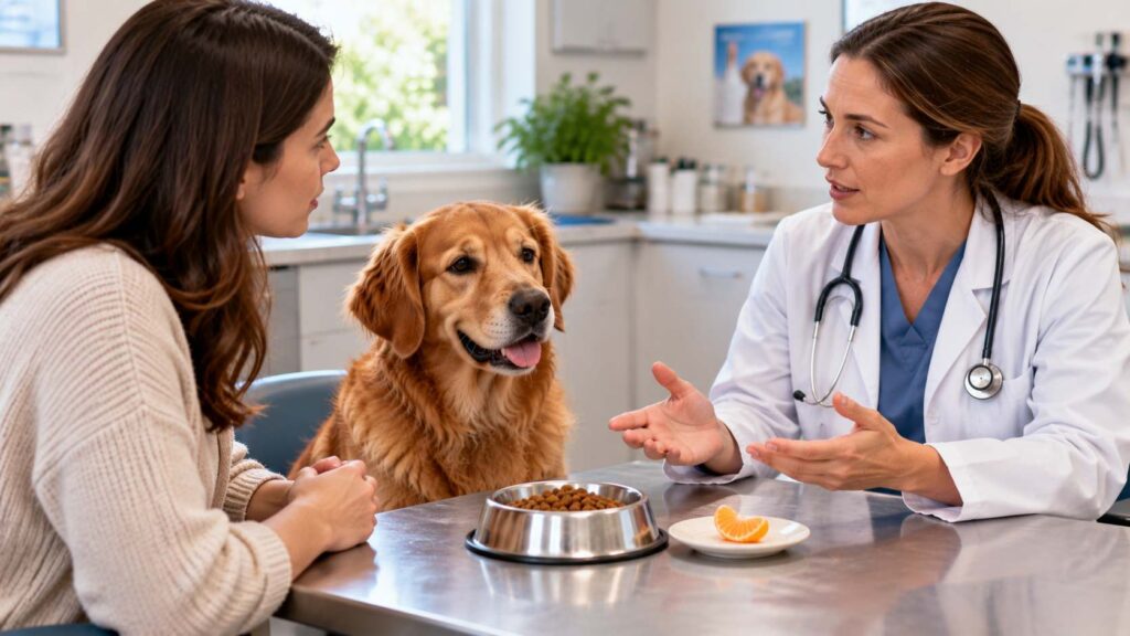 Veterinarian discussing orange treats and diet with a dog owner during a veterinary consultation.