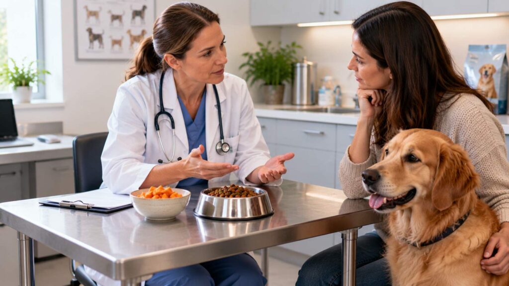 Veterinarian discussing sweet potato and individual dietary needs with a dog owner
