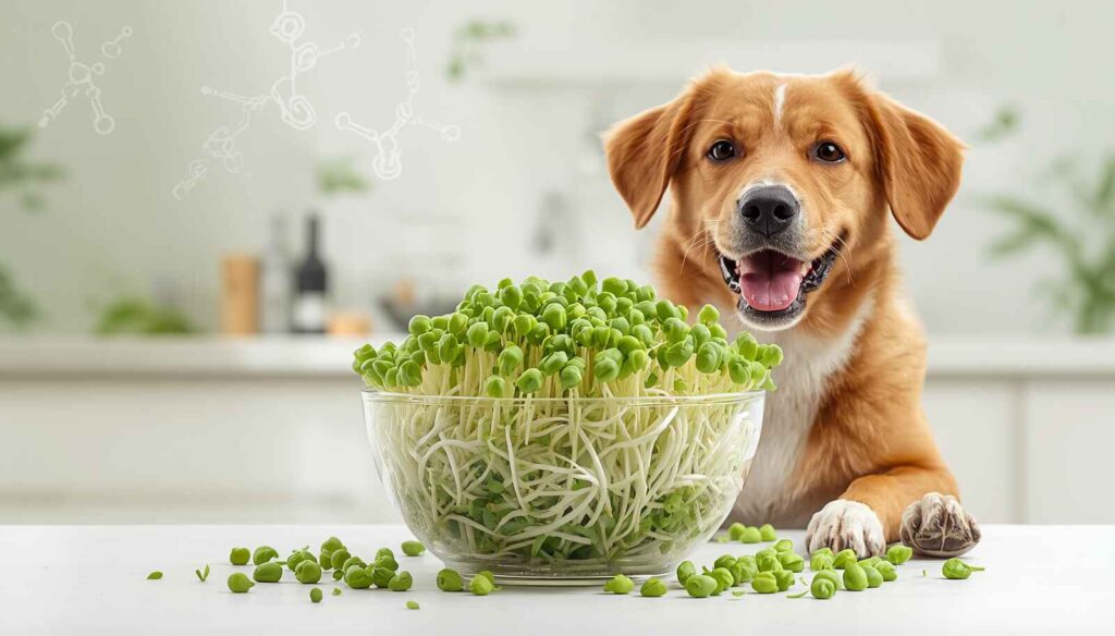 Happy dog sitting next to a large bowl
of fresh sprouts in a kitchen