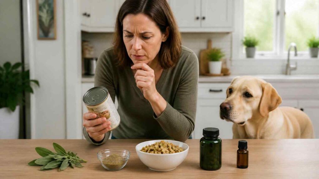 Can dogs have sage? Dog owner comparing fresh sage, dried sage, stuffing, herbal supplements, and essential oil after a possible exposure.