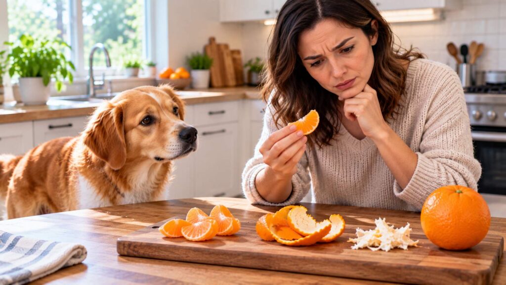 Dog owner checking peeled orange segments, peel and pith after a dog may have eaten orange.