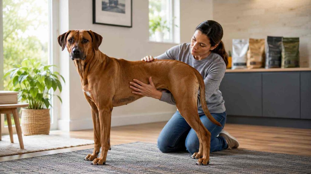 Owner assessing a healthy Rhodesian Ridgeback's body condition before choosing the Best Dog Food for Rhodesian Ridgeback.