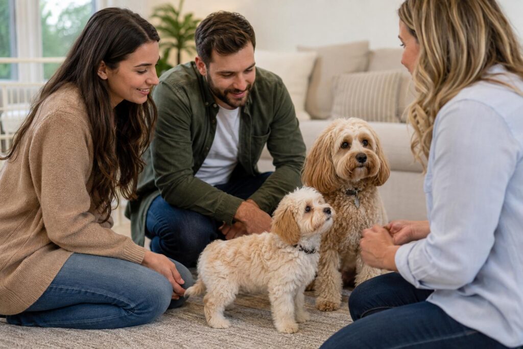 Prospective owner meeting a Cavapoochon puppy with its mother and breeder before choosing a puppy