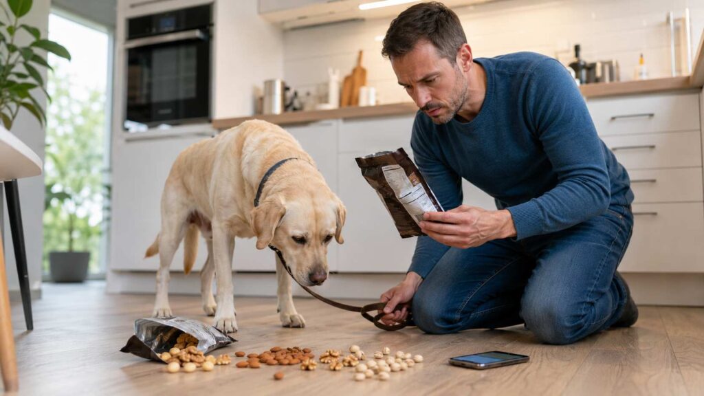 Can Dogs Eat Nuts? Dog owner checking a mixed nut package after a dog accidentally eats spilled nuts