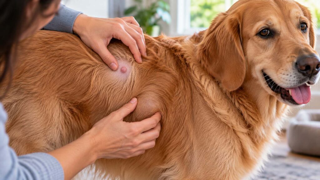 Owner gently parting a dog's fur to examine a small skin bump and a raised area beneath the skin