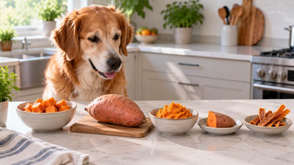 Dog beside raw, cooked, mashed and dehydrated forms of sweet potato
