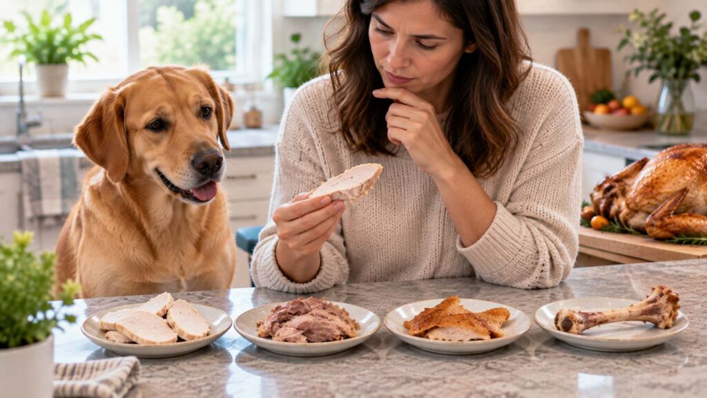 Dog beside separate portions of cooked turkey breast, dark meat, skin and bone