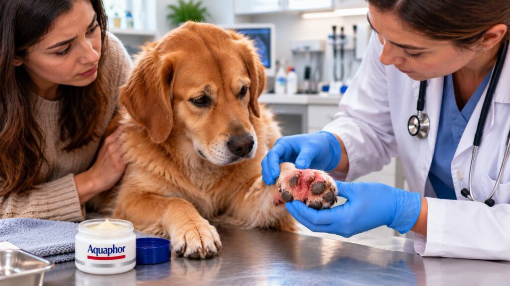 Veterinarian examining a dog's red and swollen paw while the owner watches during a consultation.