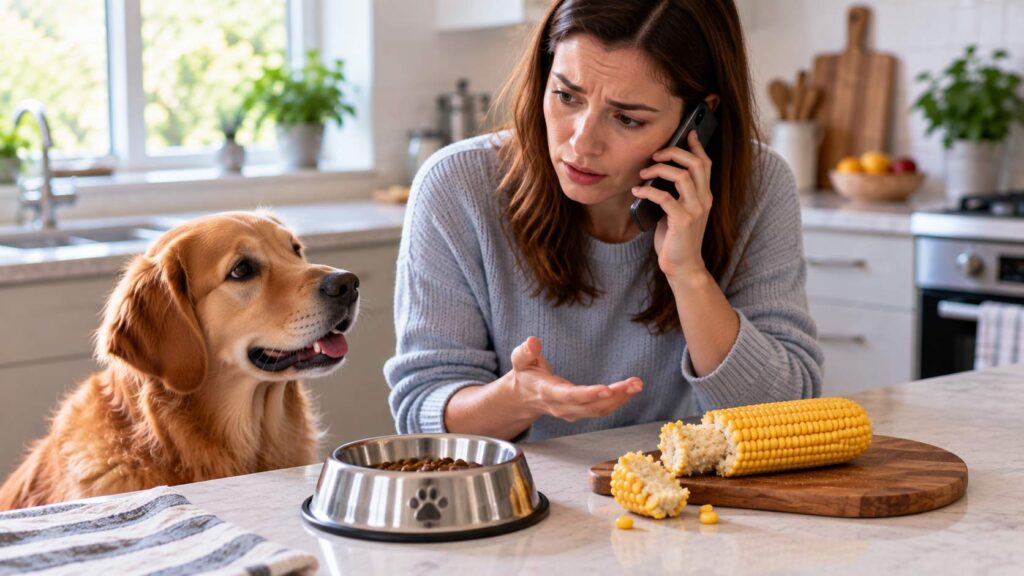 Dog owner contacting a veterinarian after discovering a partially chewed corn cob