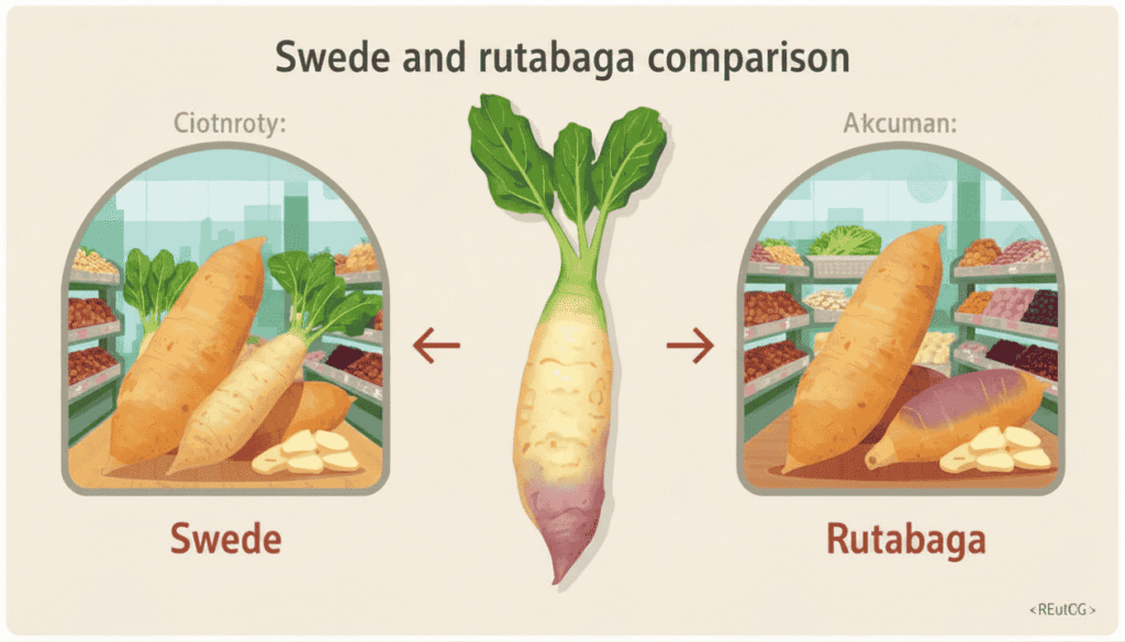 Swede and rutabaga comparison showing the same vegetable with different names in the UK, US, Canada, and Australia.