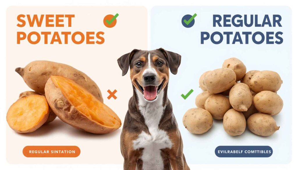 Sweet Potato vs Regular Potato for Dogs comparison beside happy dog